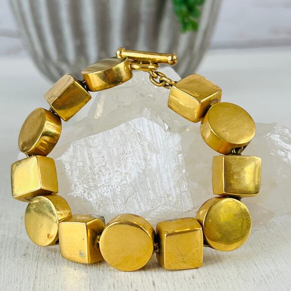 Vintage Steven Vaubel 18K Plated Brass Geometric Link  Chunky Bracelet - Picture 5 of 14